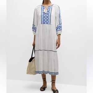 Tommy Bahama NWT Size LGE  Mykonos‎ White & Blue Embroidered  tiered midi Dress
